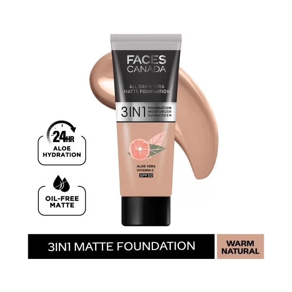 Faces Canada 3 In 1 All Day Hydra Matte Foundation 021 Warm Natural A