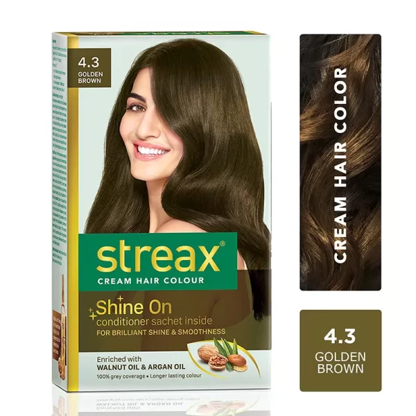 Streax Cream Hair Colour With 100% Grey Coverage & No Ammonia 4.3 Golden Brown