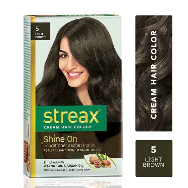 Streax Cream Hair Colour With 100% Grey Coverage & No Ammonia 5 Light Brown