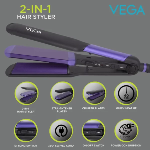 Vega 2 In 1 Hair Styler For Women (india's No.1 Hair Styler Appliance Brand) Straightener And Crimper With Ceramic Coated Plate For Straightener, Quick Heatup, Styling Switch, (vhsc 01)1