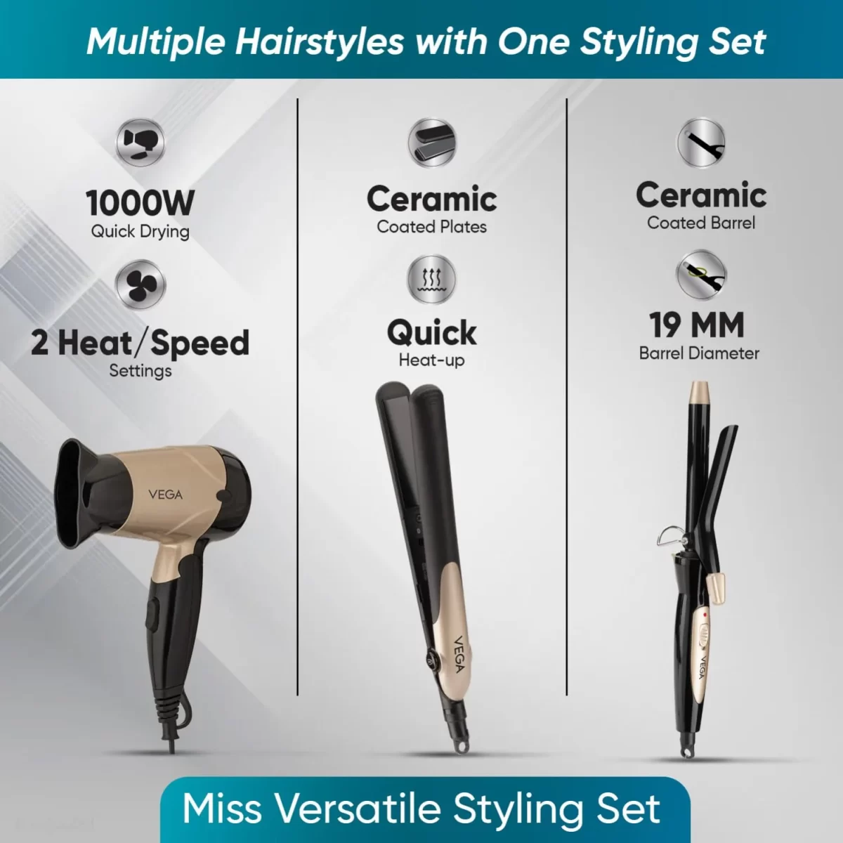 Vega Miss Versatile Styling Set Straightener, Curler & Dryer Gift Combo For Women, 1000w Hair Dryer With 2 Headspeed Setting, Hair Straightener & Curler Comes With Ceramic Coated, (vhss 03)2