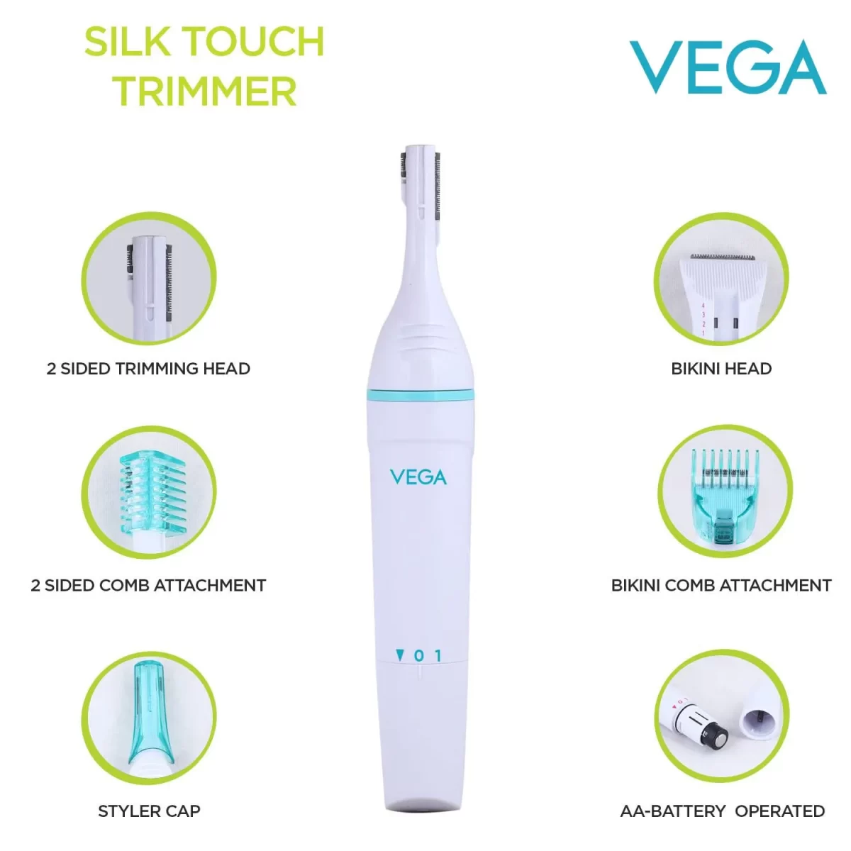 Vega Silk Touch Trimmer With Bikini Head, 2 Sided Trimming Head With 2 Comb Attachement Battery Operated For Eyebrow, Underarms & Bikini Trimmer5