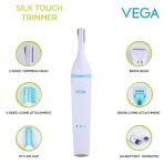 Vega Silk Touch Trimmer With Bikini Head, 2 Sided Trimming Head With 2 Comb Attachement Battery Operated For Eyebrow, Underarms & Bikini Trimmer5