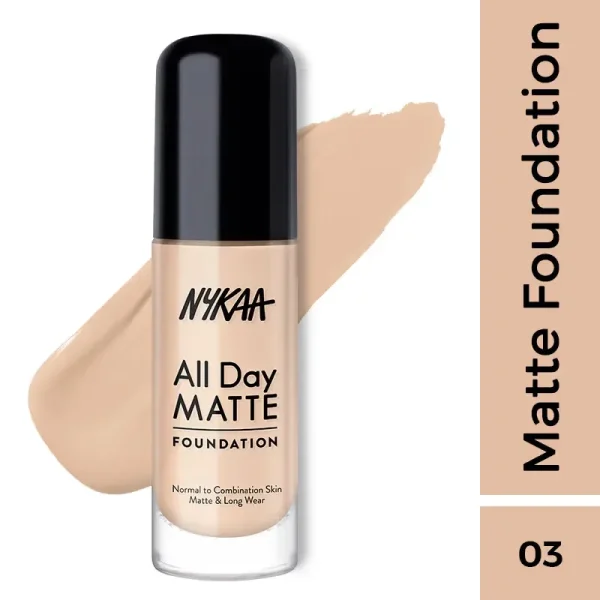 Nykaa all day matte long wear liquid foundation for normal to combination skin cashew 03
