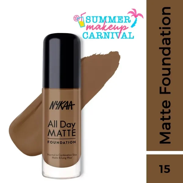 Nykaa all day matte long wear liquid foundation for normal to combination skin chestnut 15