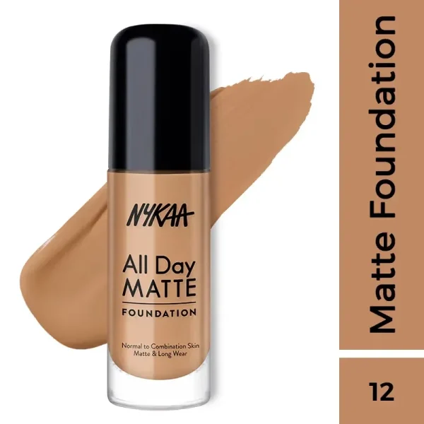 Nykaa all day matte long wear liquid foundation for normal to combination skin hazelnut 12