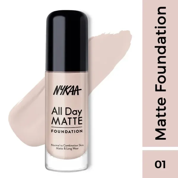 Nykaa all day matte long wear liquid foundation for normal to combination skin ivory 01