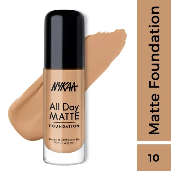 Nykaa all day matte long wear liquid foundation for normal to combination skin maple 10