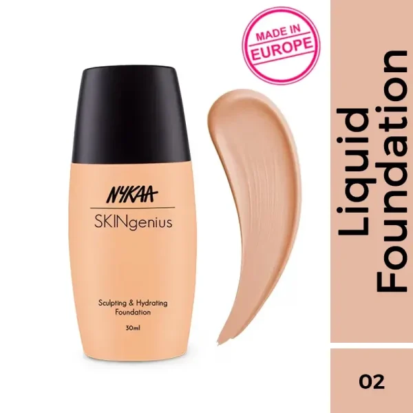 Nykaa skingenius sculpting & hydrating dewy foundation for dry skin almond beige 02